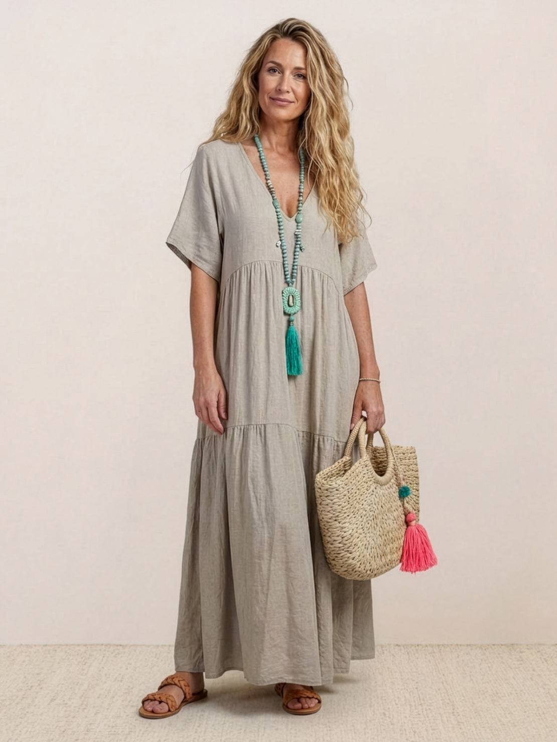 Aurora | Women's V-Neck Maxi Dress with Tiered Design and Short Sleeves