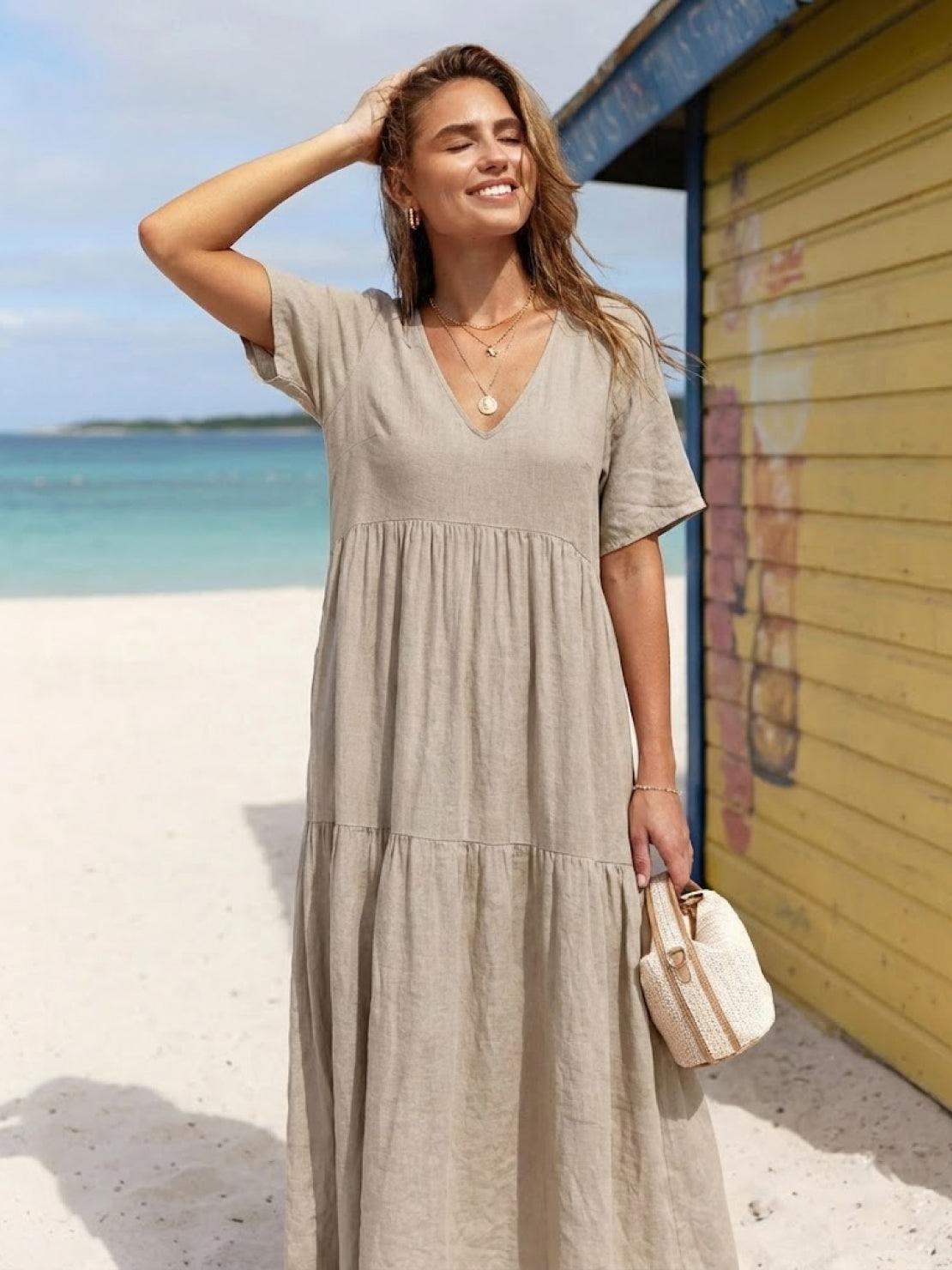 Aurora | Women's V-Neck Maxi Dress with Tiered Design and Short Sleeves