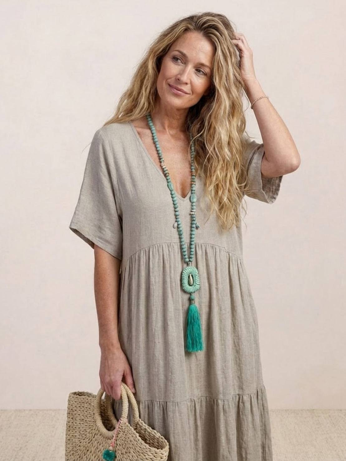 Aurora | Women's V-Neck Maxi Dress with Tiered Design and Short Sleeves