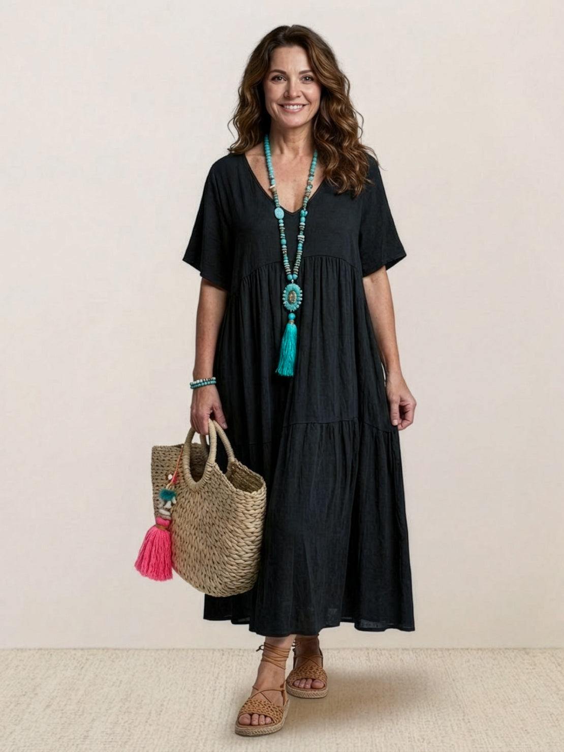 Aurora | Women's V-Neck Maxi Dress with Tiered Design and Short Sleeves