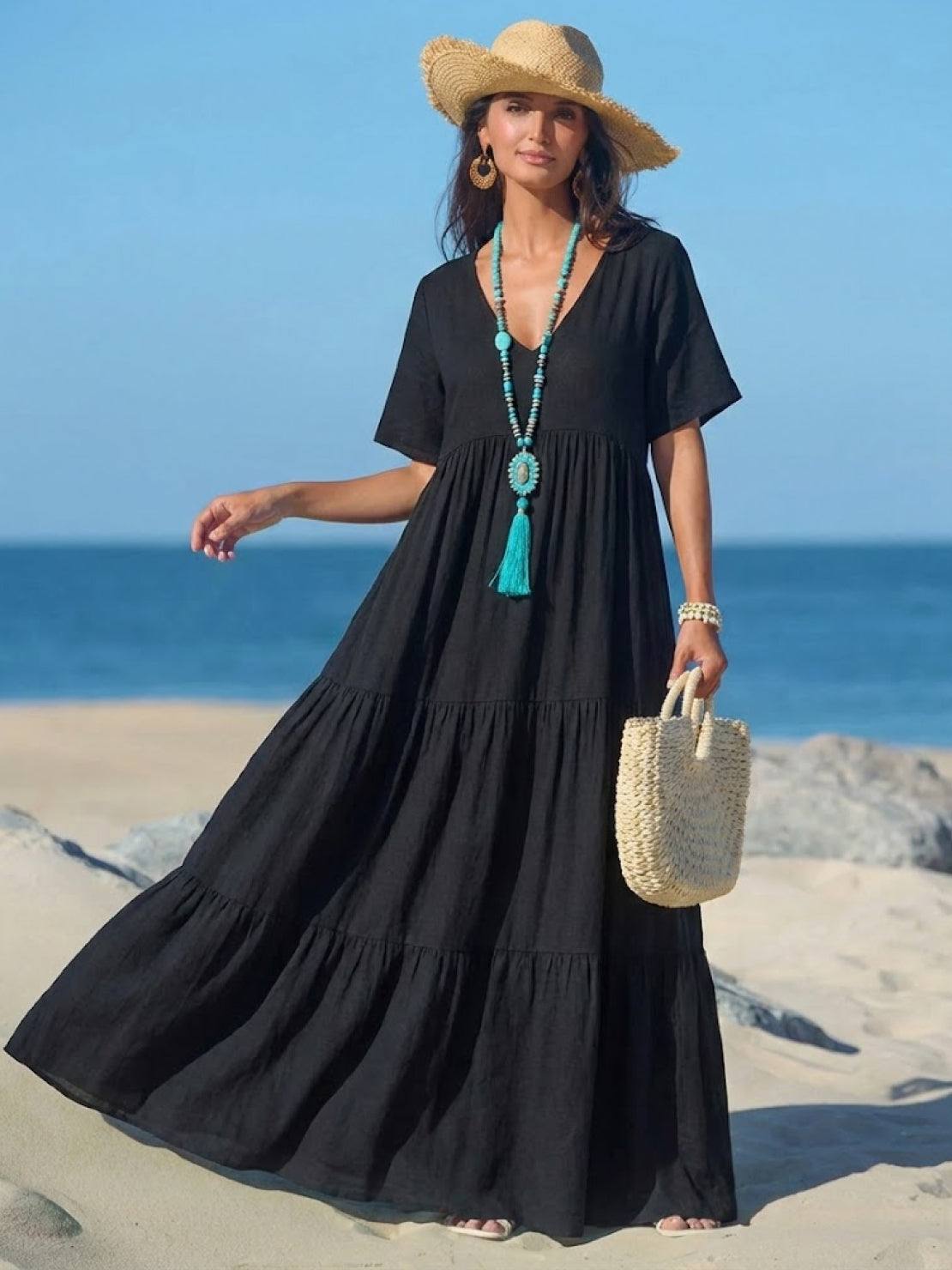 Aurora | Women's V-Neck Maxi Dress with Tiered Design and Short Sleeves