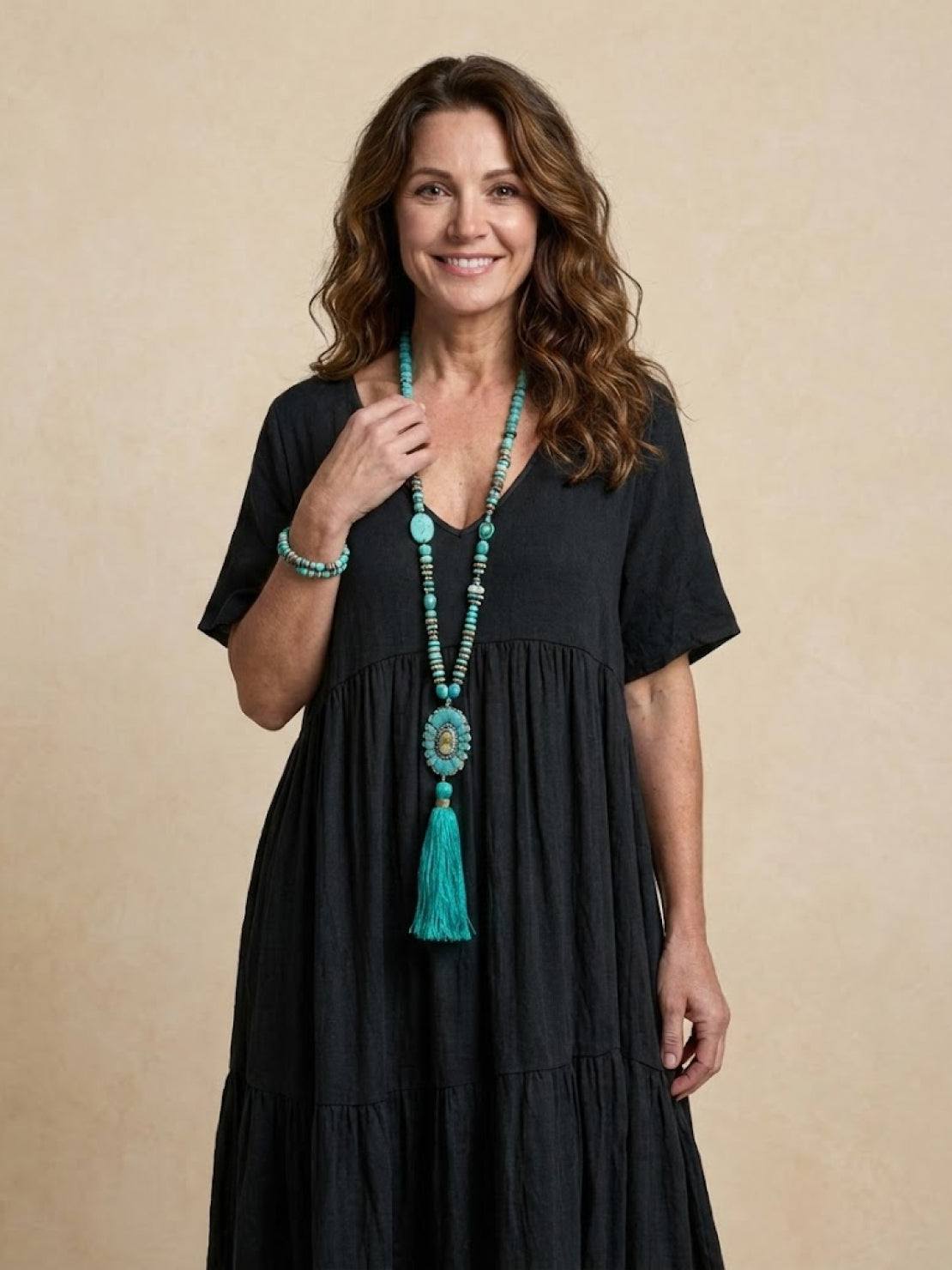 Aurora | Women's V-Neck Maxi Dress with Tiered Design and Short Sleeves