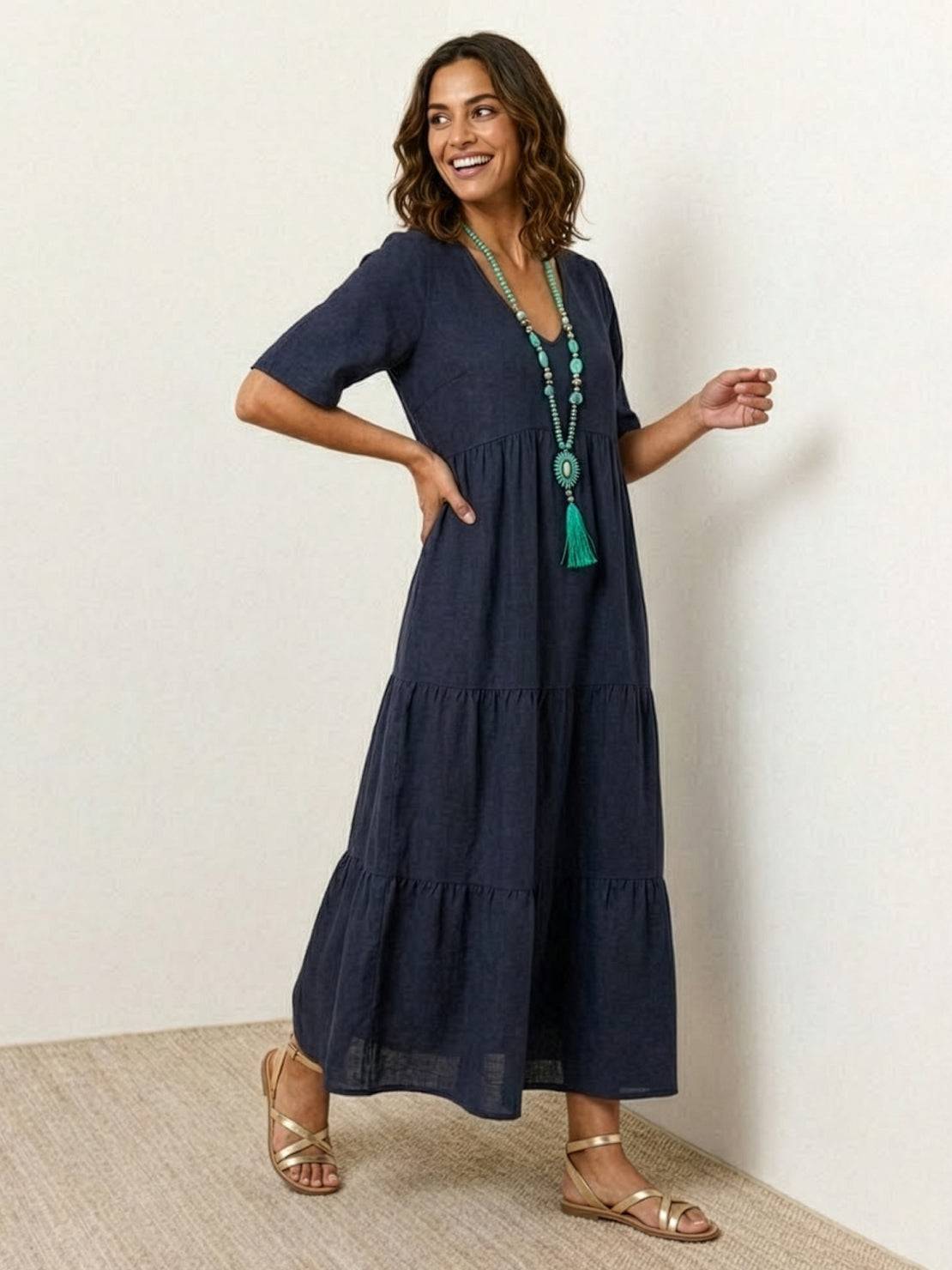Aurora | Women's V-Neck Maxi Dress with Tiered Design and Short Sleeves