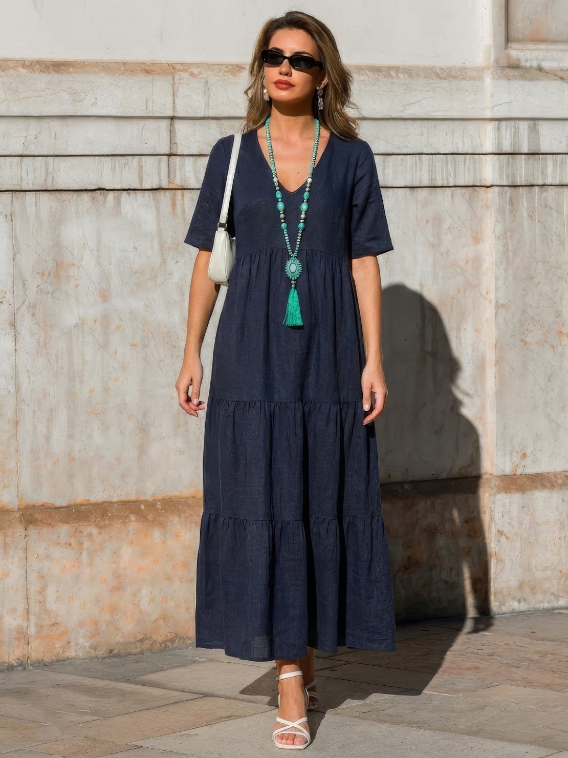 Aurora | Women's V-Neck Maxi Dress with Tiered Design and Short Sleeves