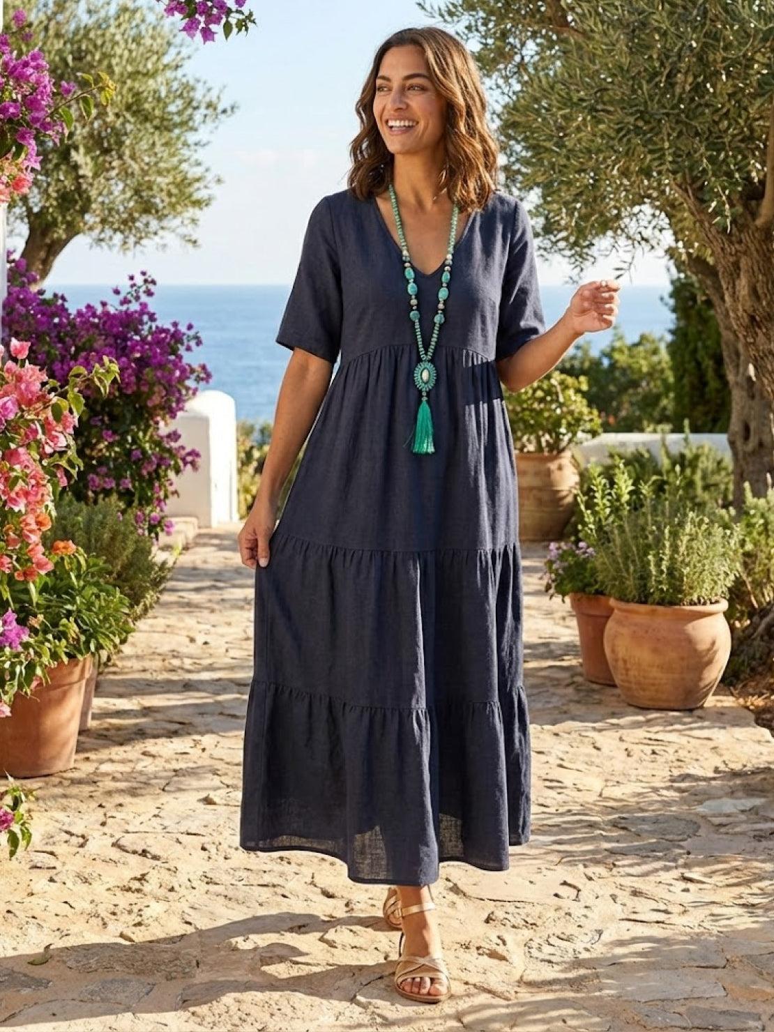Aurora | Women's V-Neck Maxi Dress with Tiered Design and Short Sleeves