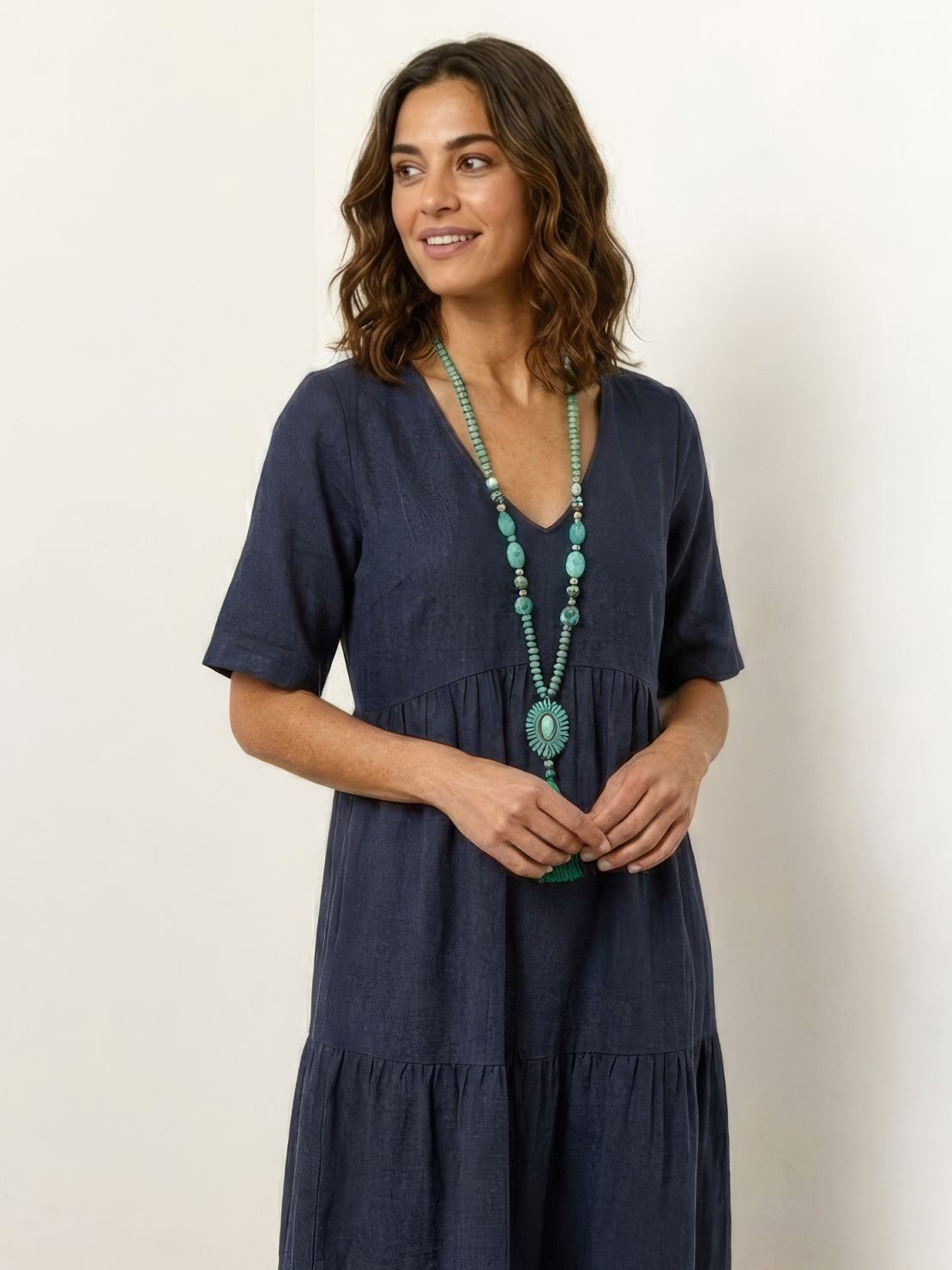 Aurora | Women's V-Neck Maxi Dress with Tiered Design and Short Sleeves