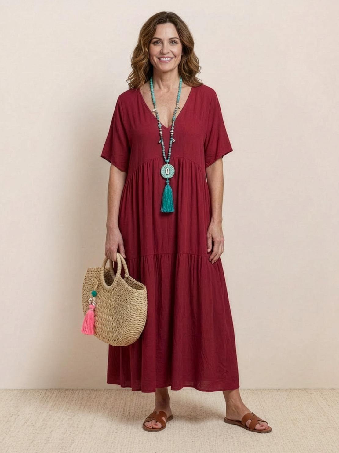 Aurora | Women's V-Neck Maxi Dress with Tiered Design and Short Sleeves