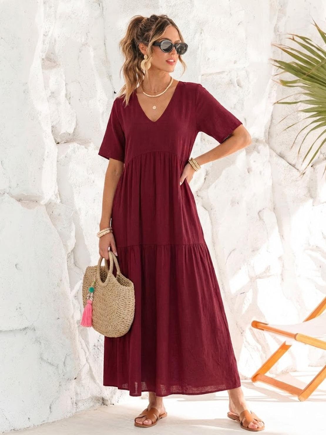 Aurora | Women's V-Neck Maxi Dress with Tiered Design and Short Sleeves