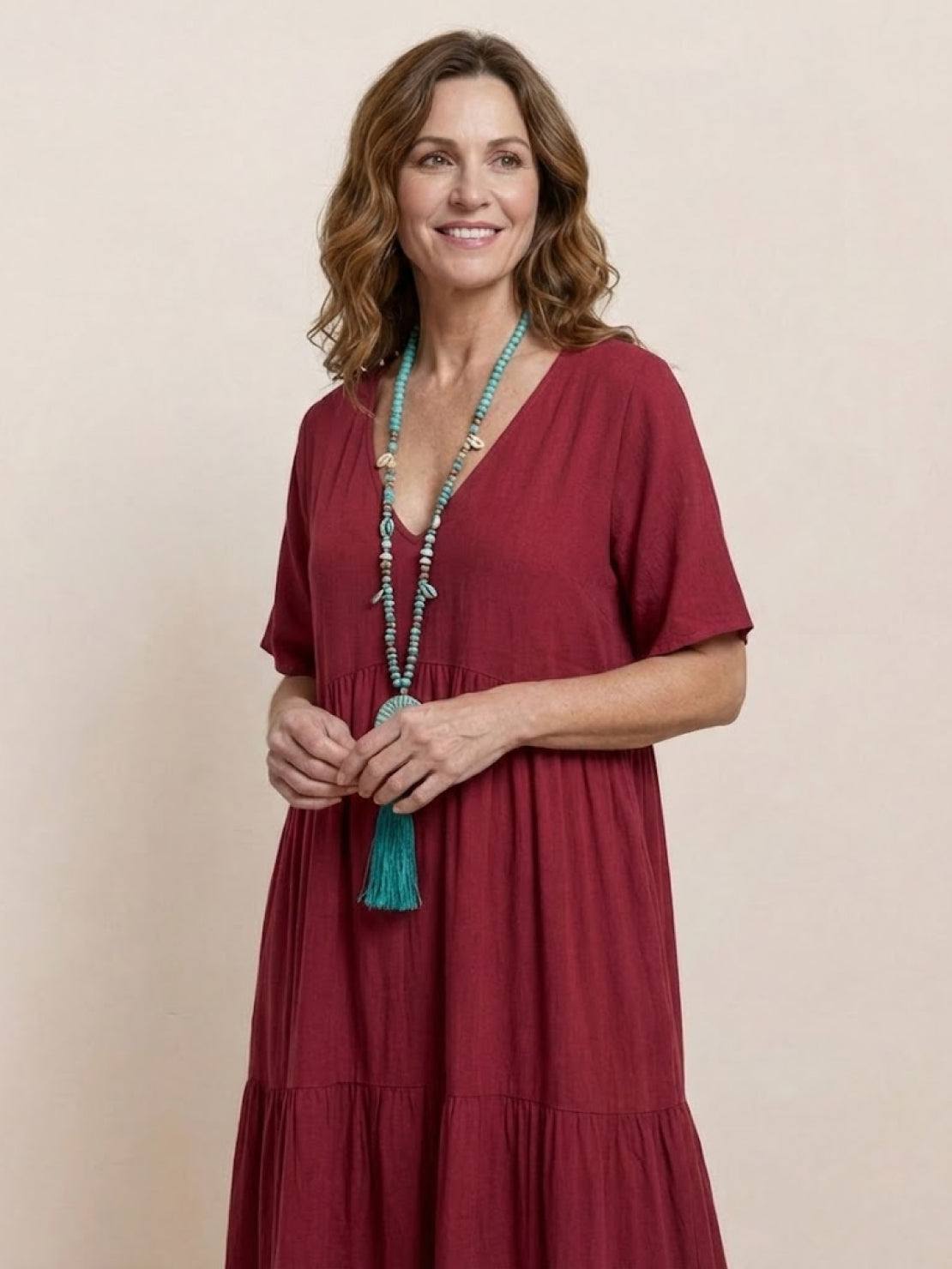 Aurora | Women's V-Neck Maxi Dress with Tiered Design and Short Sleeves