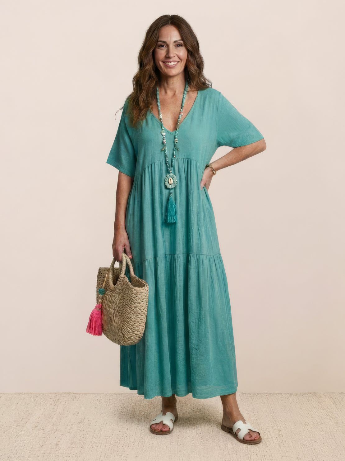 Aurora | Women's V-Neck Maxi Dress with Tiered Design and Short Sleeves