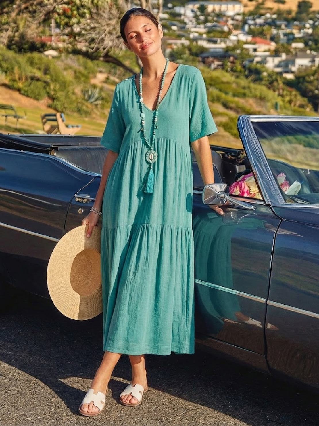 Aurora | Women's V-Neck Maxi Dress with Tiered Design and Short Sleeves