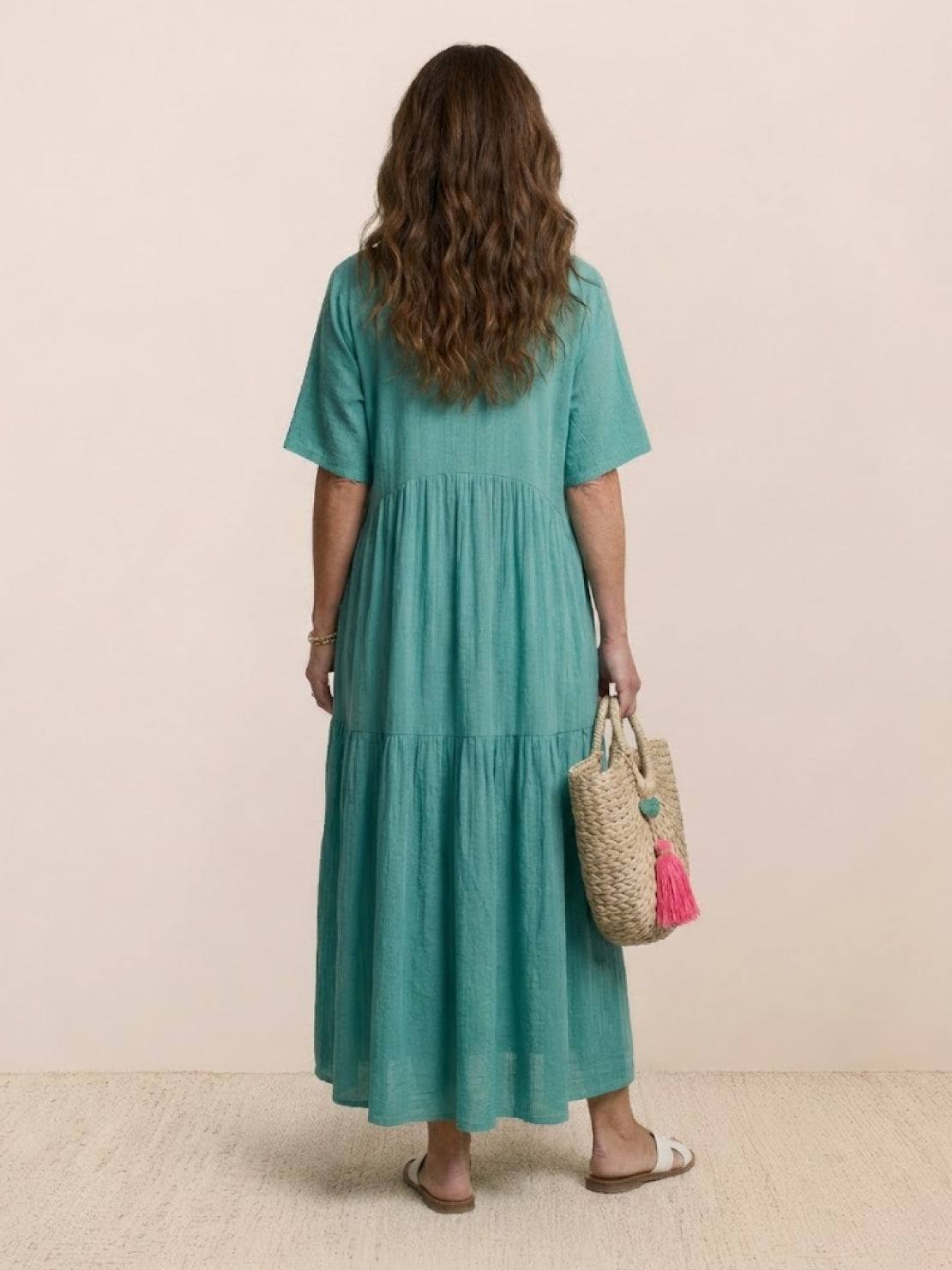 Aurora | Women's V-Neck Maxi Dress with Tiered Design and Short Sleeves