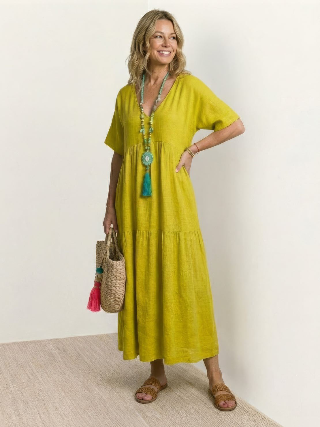 Aurora | Women's V-Neck Maxi Dress with Tiered Design and Short Sleeves