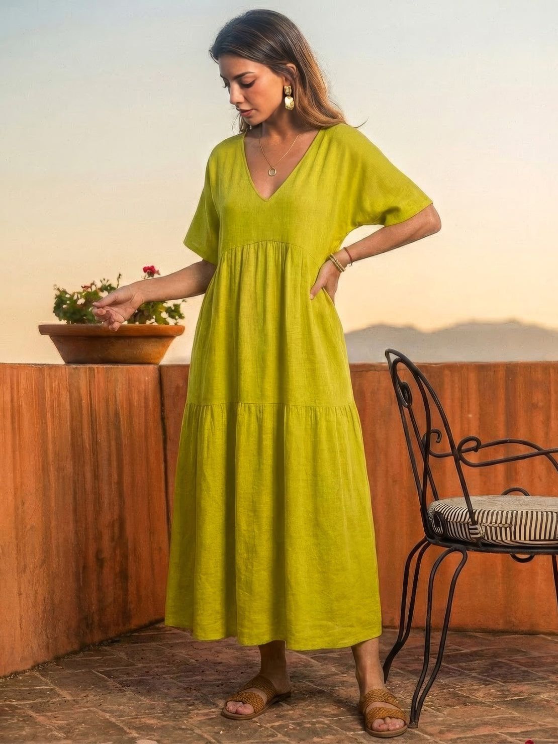 Aurora | Women's V-Neck Maxi Dress with Tiered Design and Short Sleeves