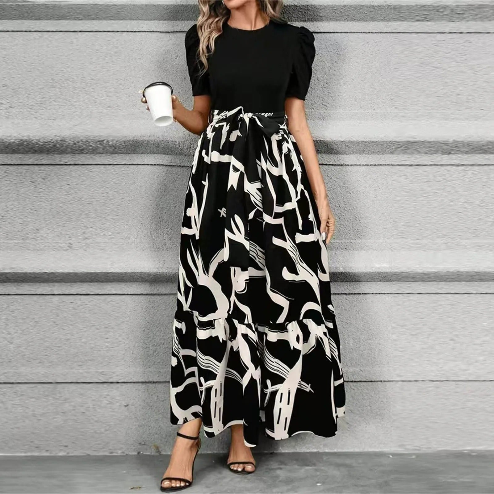 Elise | Women's Puff Sleeve Floral Maxi Dress with Tie Waist