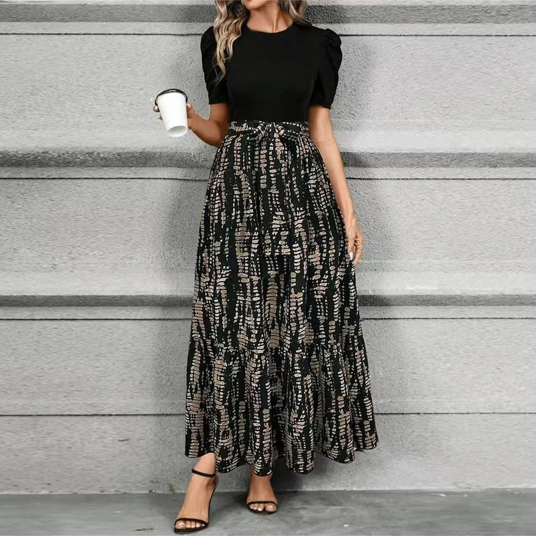 Elise | Women's Puff Sleeve Floral Maxi Dress with Tie Waist