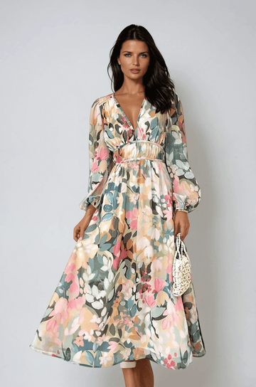 Eloise | Women's Floral Print V-Neck Long Sleeve Midi Dress