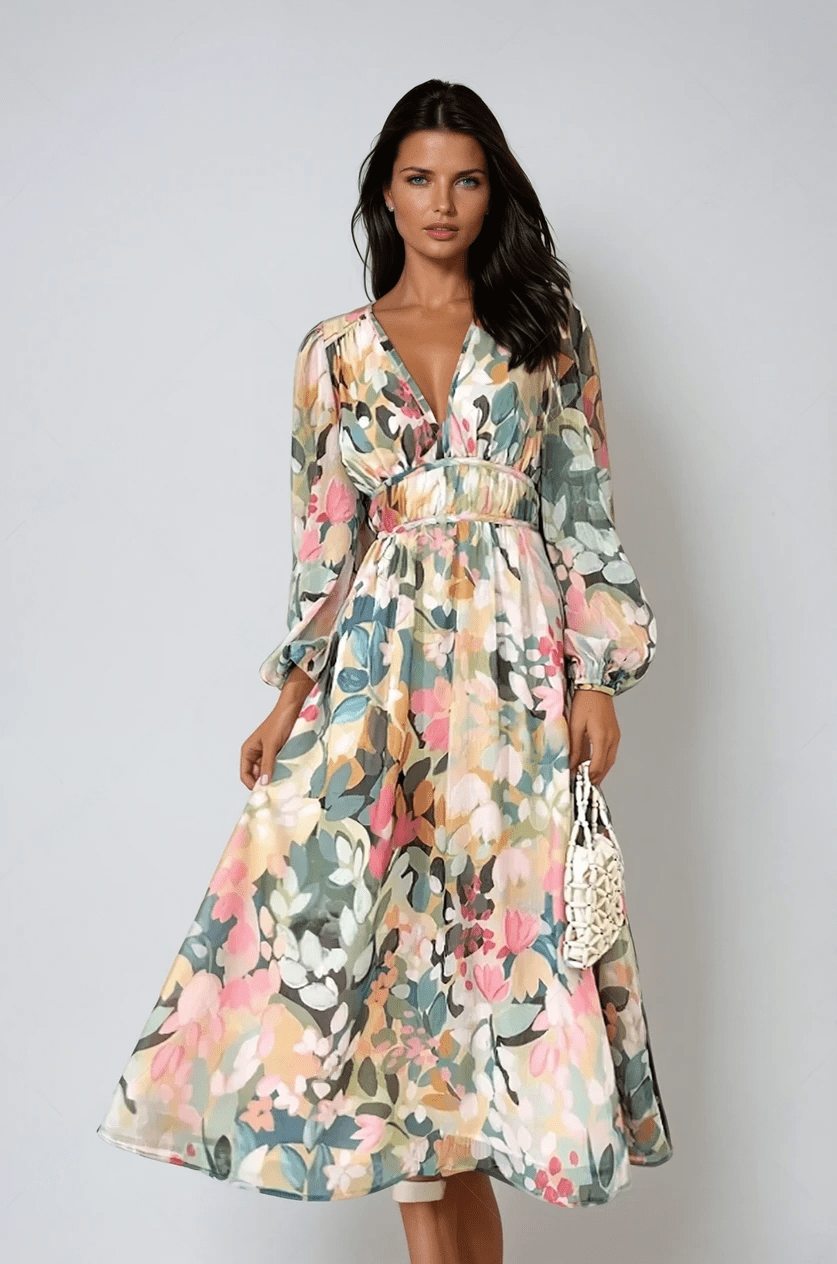 Eloise | Women's Floral Print V-Neck Long Sleeve Midi Dress